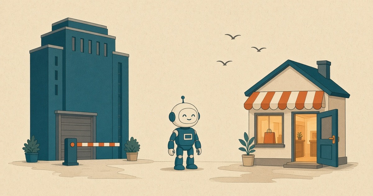 "Un robot asistente amigable entre un gran edificio con el portón cerrado y una barrera, y un pequeño negocio con la puerta abierta"